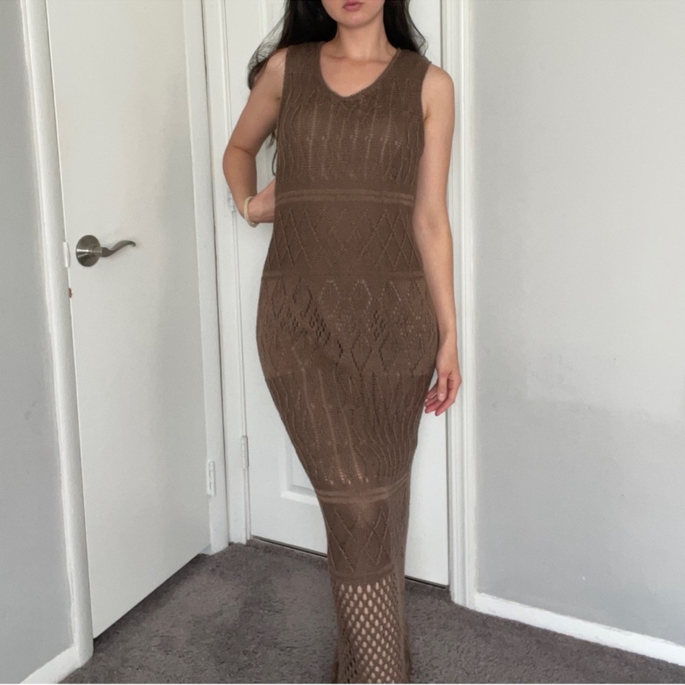 Black Label By Chico 🤎 brown Crochet Kable Knit Maxi Dress